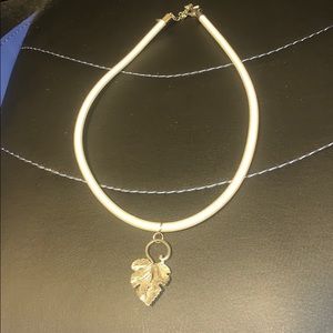 New Fabric wrapped short length necklace with silver leaf charm